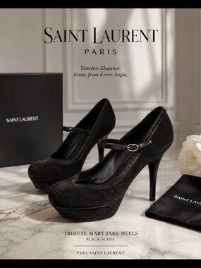 YSL Yves Saint Laurent  Black Suede Heels Tribute Mary Jane luxury women  8.5